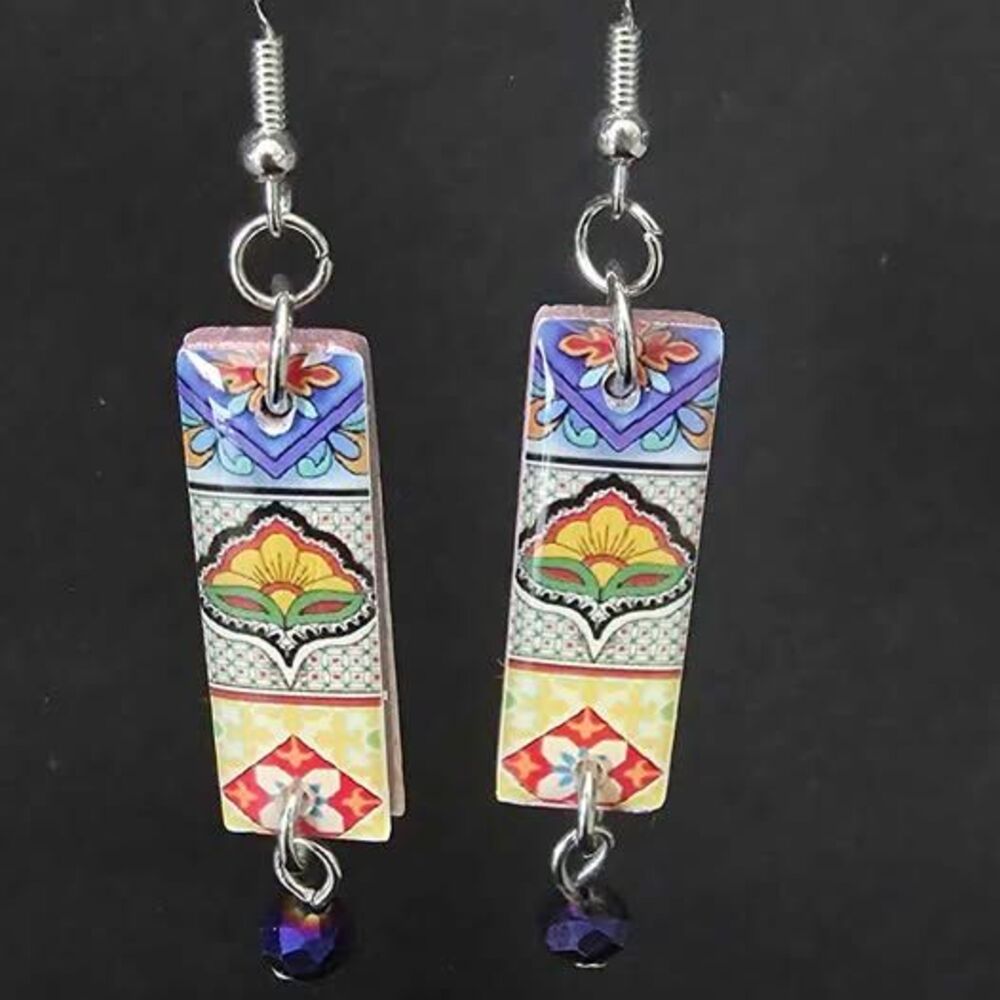 Handmade earrings sterling silver fish hooks w/ tile & glass bead design. #18
